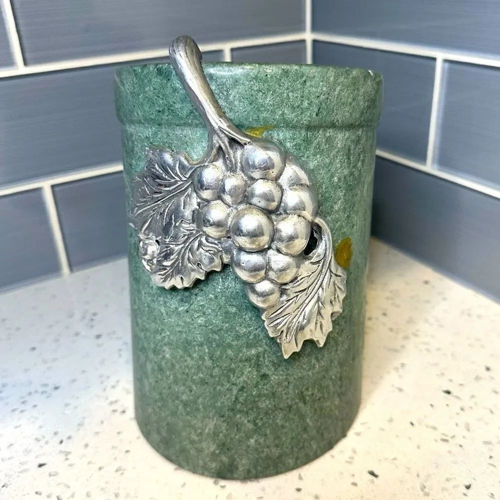 Angled Green Marble Wine Bottle Holder Chiller w Silver Metal Grape Leaf Cluster